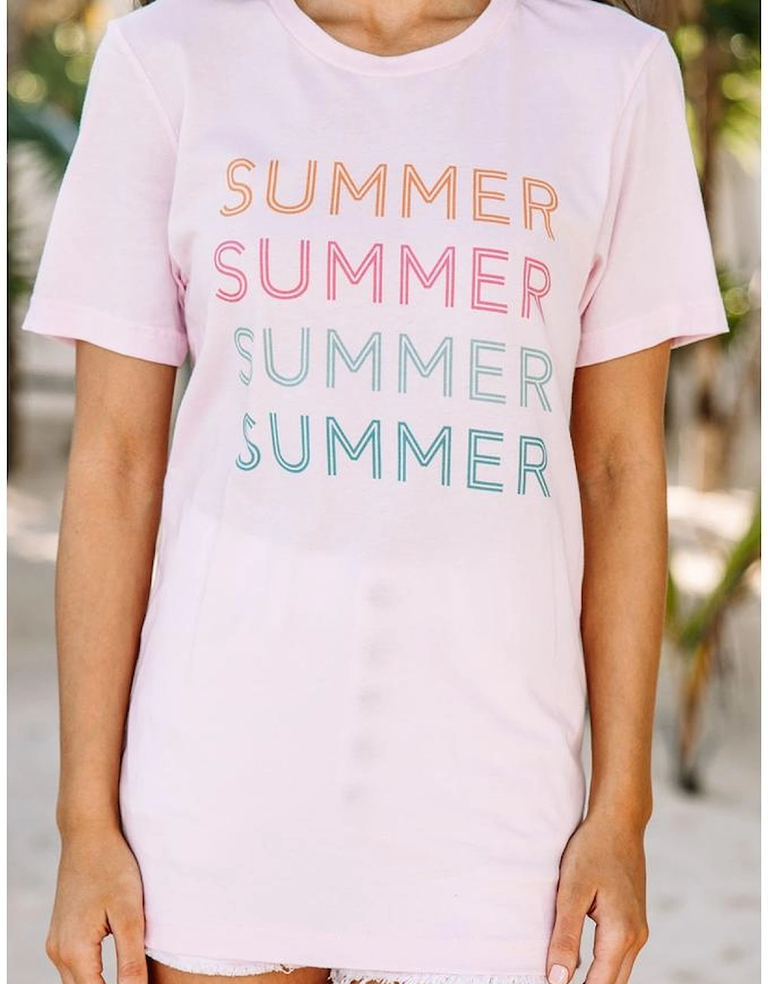 Azura Exchange Pink SUMMER Printed Round Casual Tee