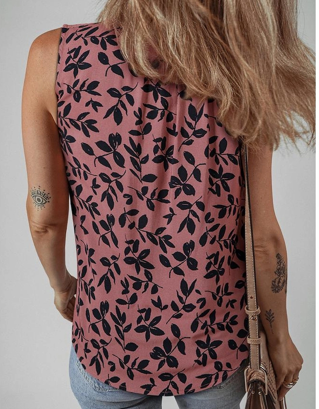 Brown Leaf Print Lace-up V Neck Crinckled Tank Top, 12 of 11