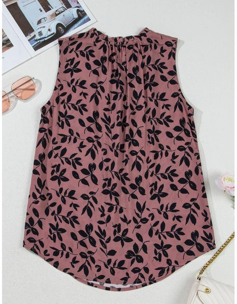 Brown Leaf Print Lace-up V Neck Crinckled Tank Top