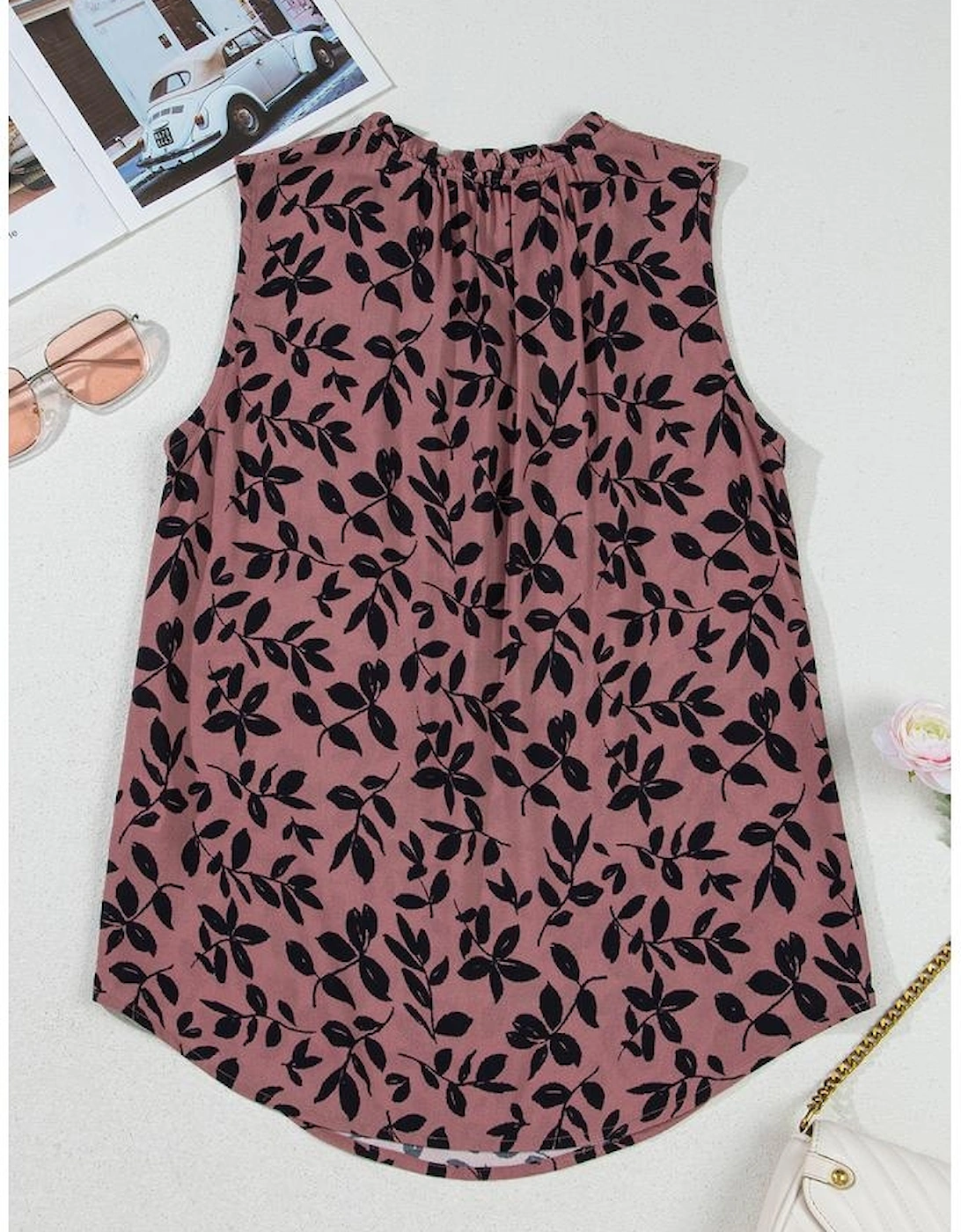 Brown Leaf Print Lace-up V Neck Crinckled Tank Top