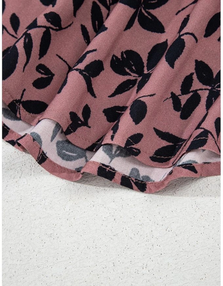 Brown Leaf Print Lace-up V Neck Crinckled Tank Top