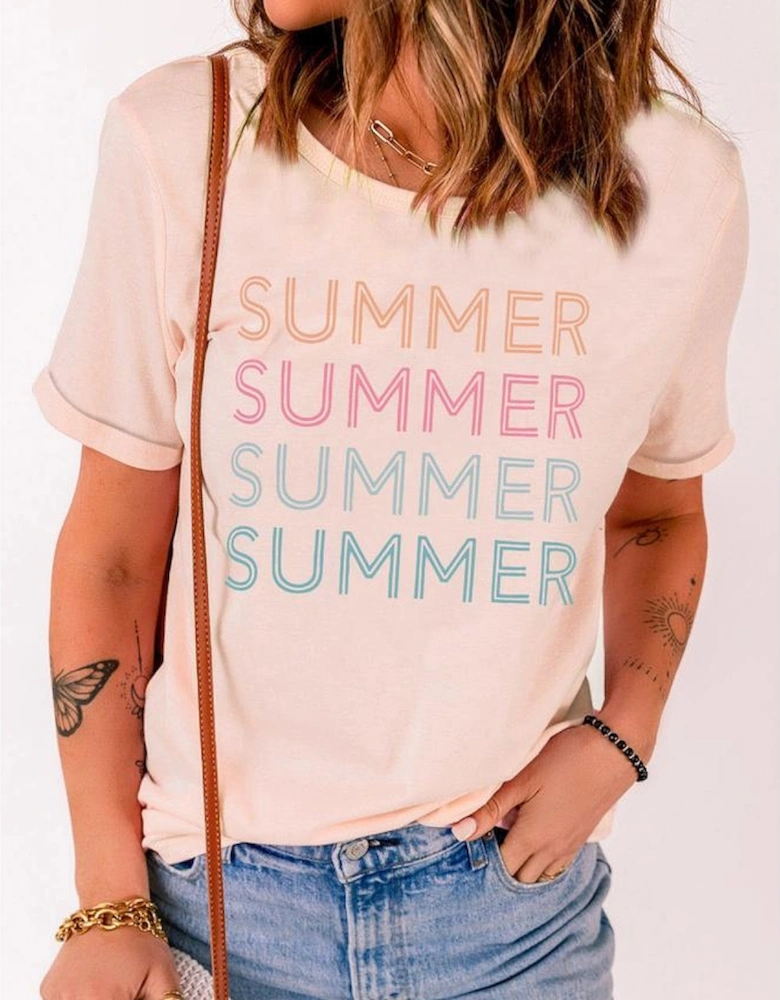 Azura Exchange Pink SUMMER Printed Round Casual Tee