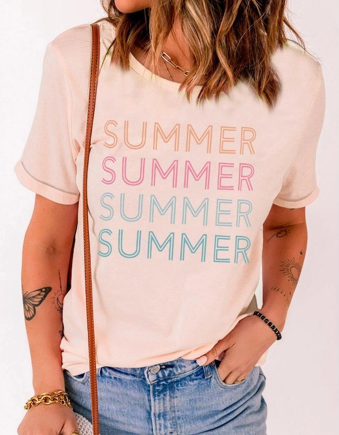 Azura Exchange Pink SUMMER Printed Round Casual Tee