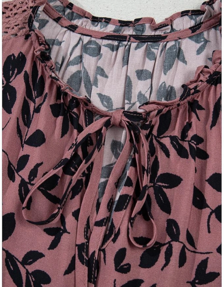 Brown Leaf Print Lace-up V Neck Crinckled Tank Top