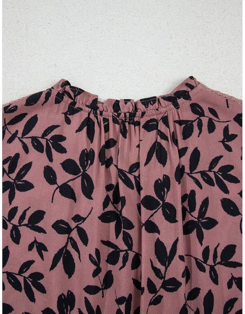 Brown Leaf Print Lace-up V Neck Crinckled Tank Top