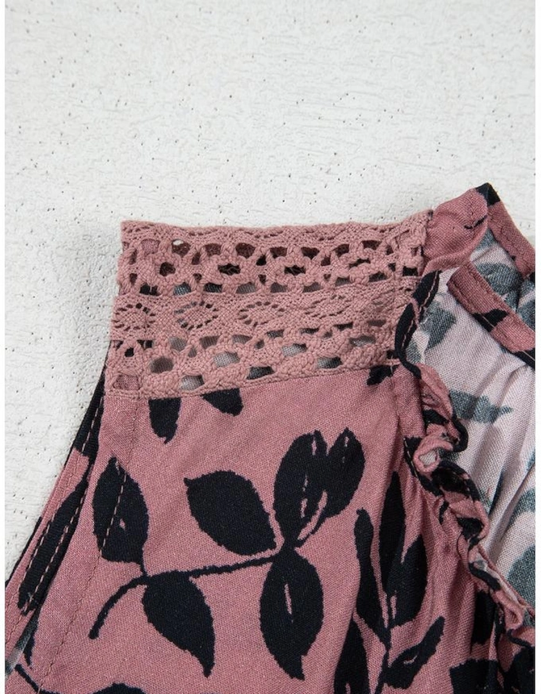 Brown Leaf Print Lace-up V Neck Crinckled Tank Top