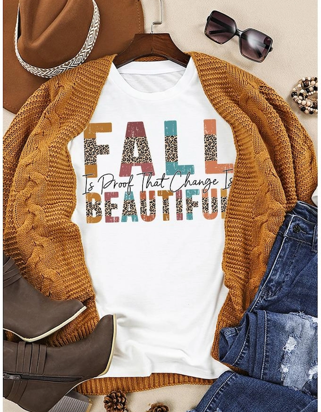White FALL BEAUTIFUL Leopard Print Short Sleeve T Shirt