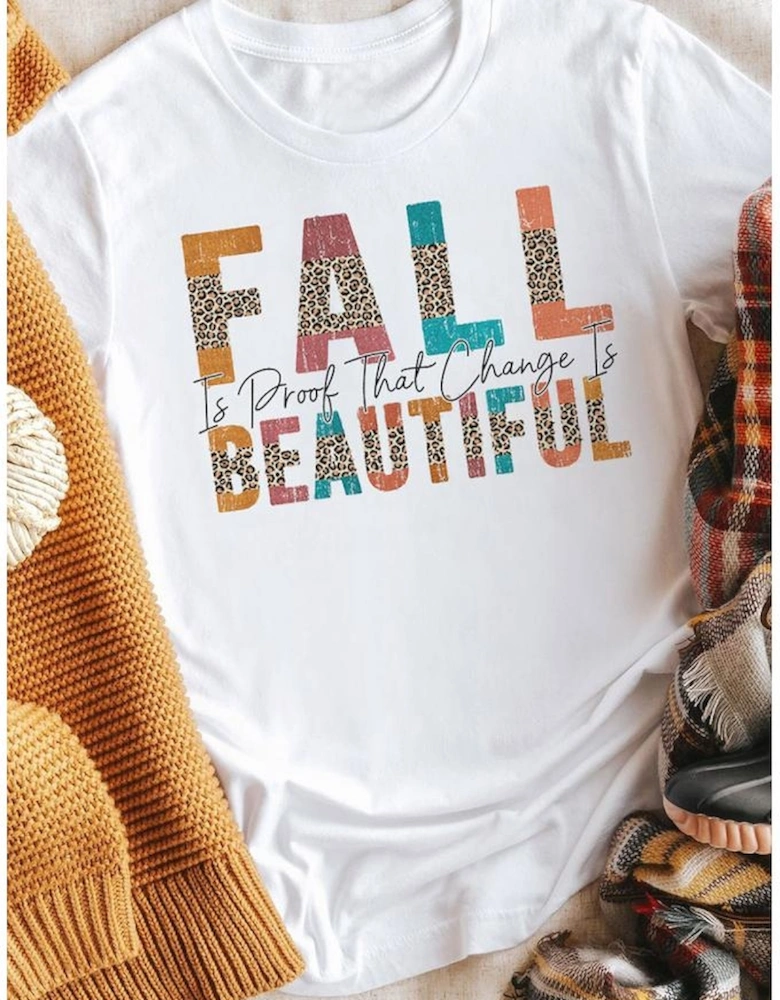 White FALL BEAUTIFUL Leopard Print Short Sleeve T Shirt