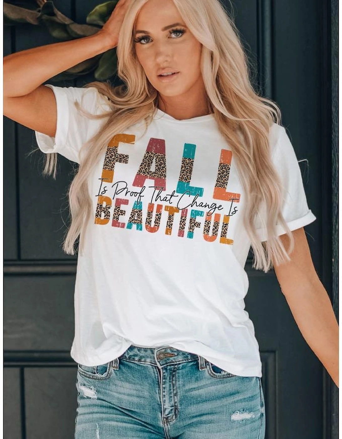 White FALL BEAUTIFUL Leopard Print Short Sleeve T Shirt