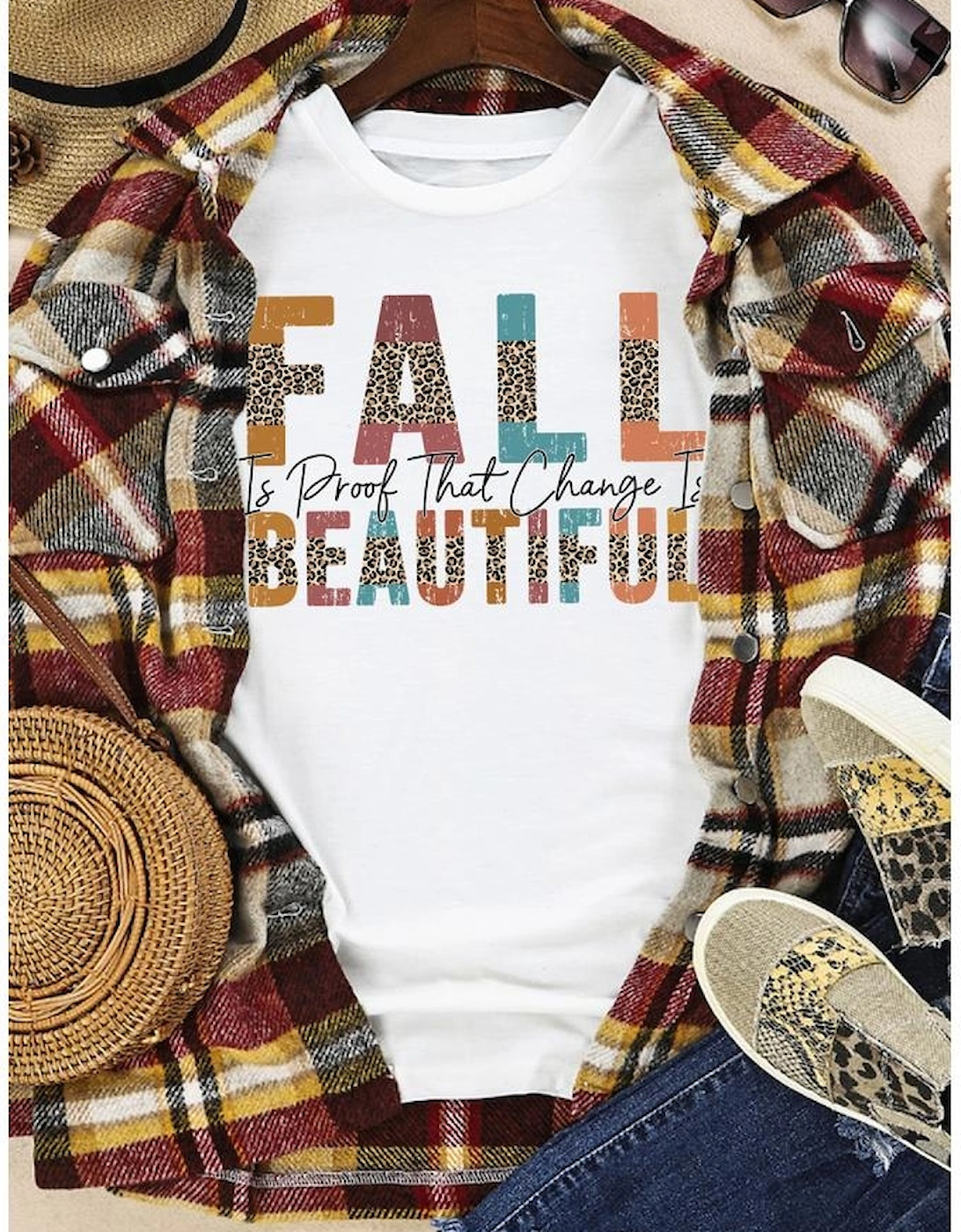 White FALL BEAUTIFUL Leopard Print Short Sleeve T Shirt