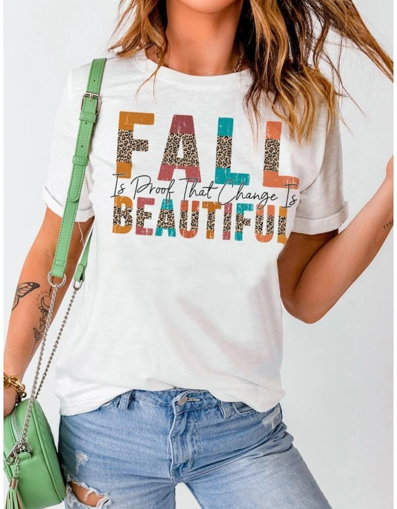 White FALL BEAUTIFUL Leopard Print Short Sleeve T Shirt