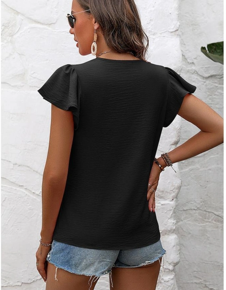 Black Solid Color Textured Pleated Flutter Sleeve Blouse