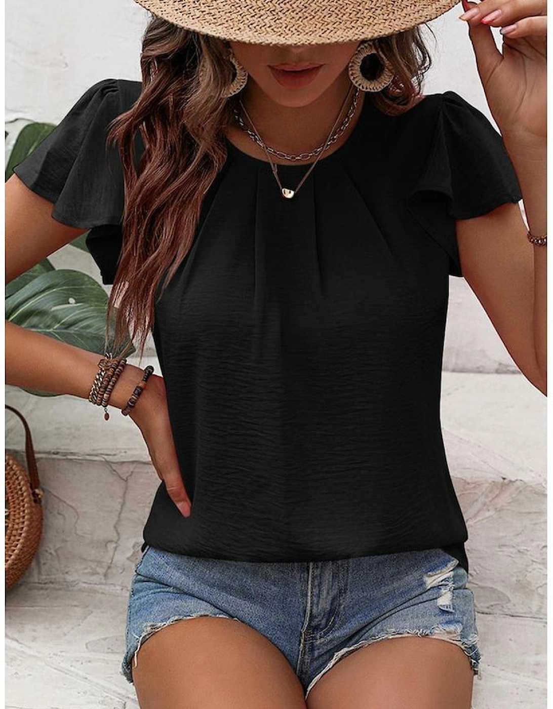 Black Solid Color Textured Pleated Flutter Sleeve Blouse