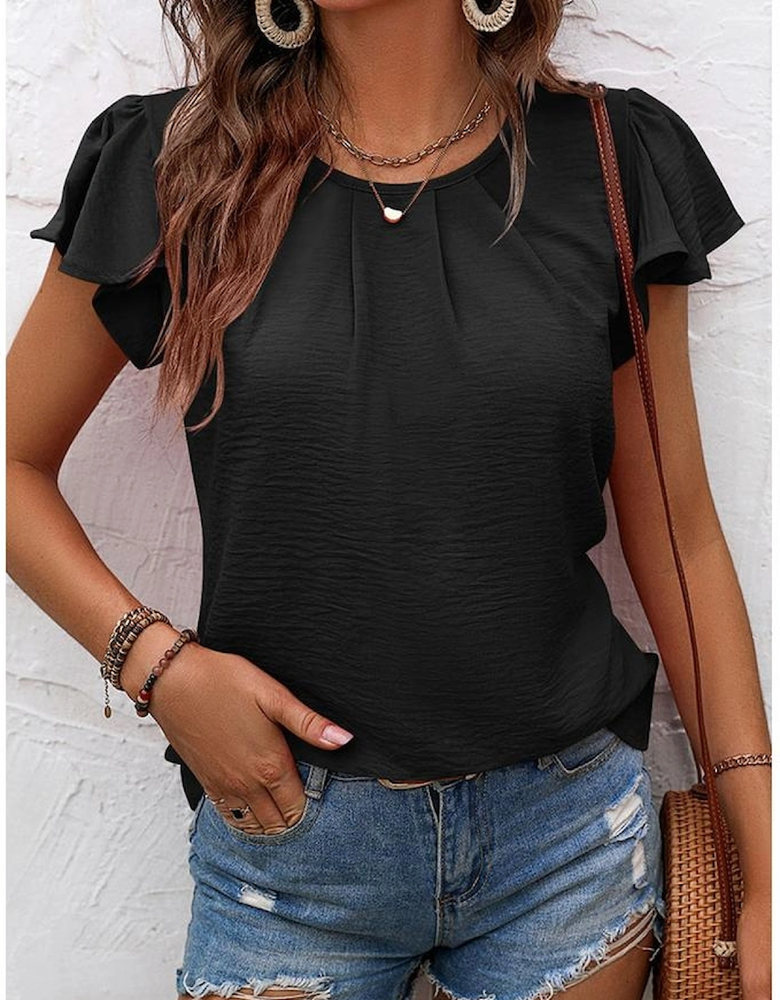 Black Solid Color Textured Pleated Flutter Sleeve Blouse