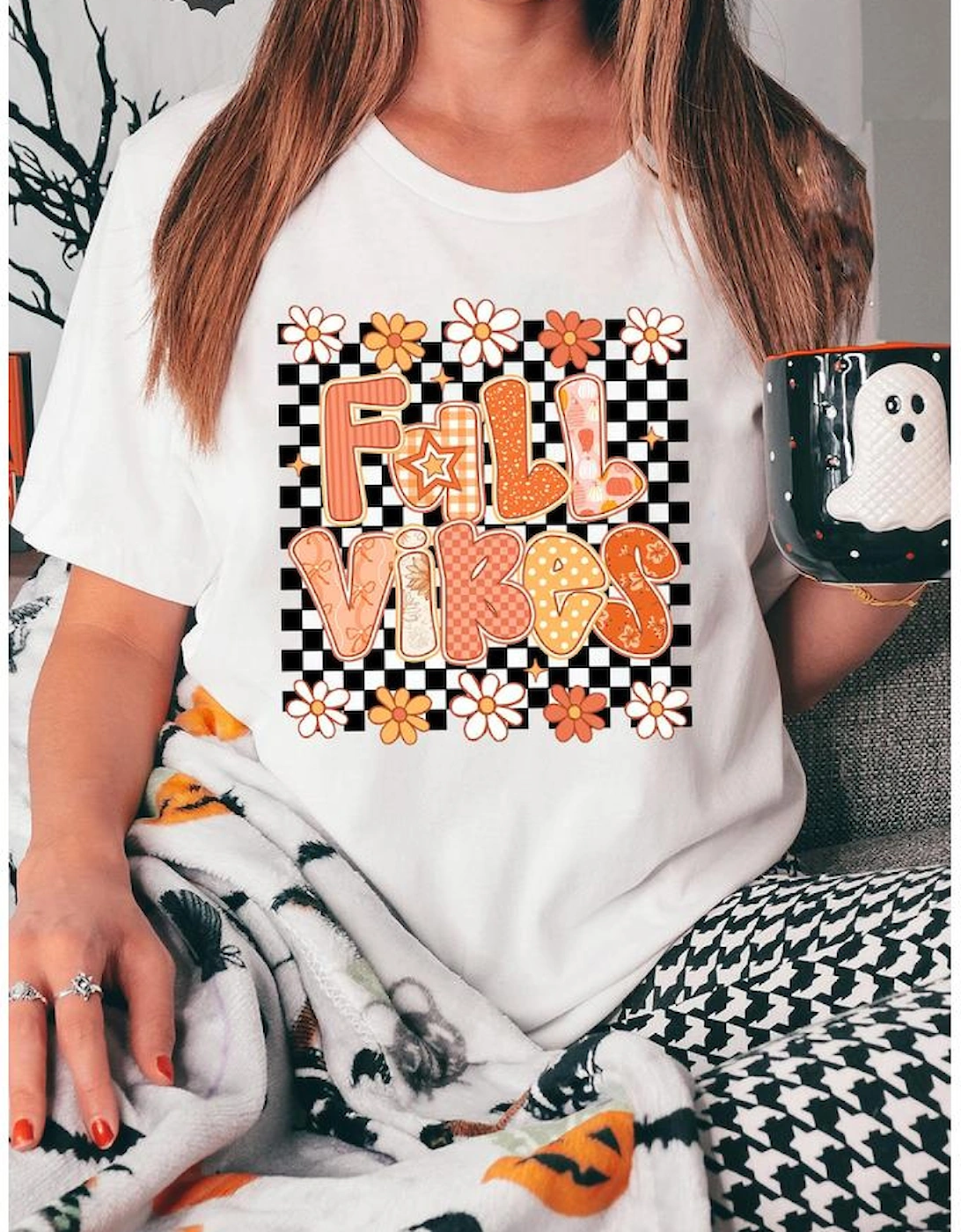 White FALL VIBES Cute Graphic Heat Transfer Tee