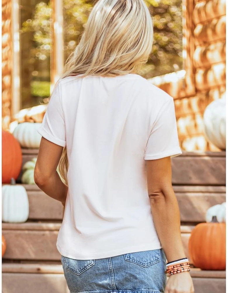 White Glitter Pumpkin Patched Cotton Blend T Shirt