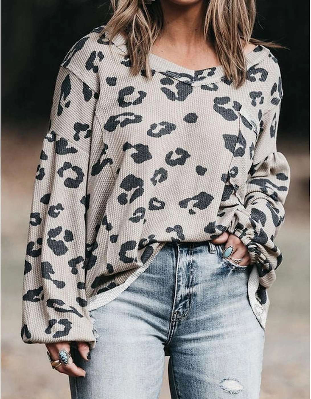 Gray Printed Leopard Balloon Sleeve Thermal Knit Plus Size Top