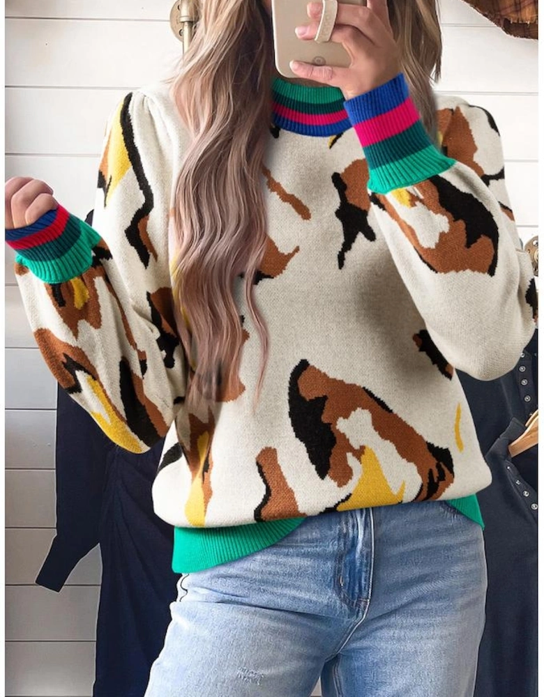 Apricot Contrast Ribbed Stripes Detail Animal Pattern Knit Sweater