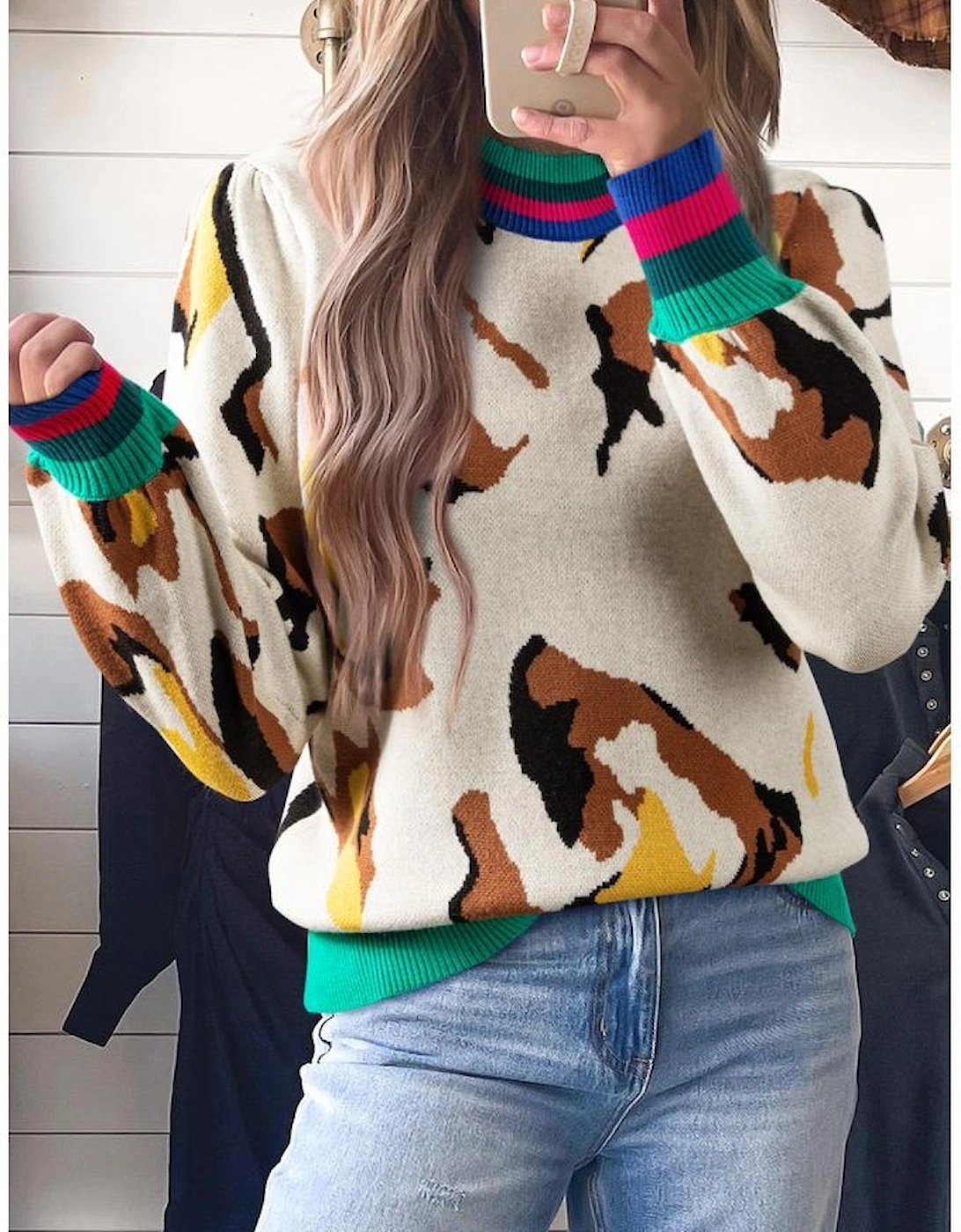 Apricot Contrast Ribbed Stripes Detail Animal Pattern Knit Sweater