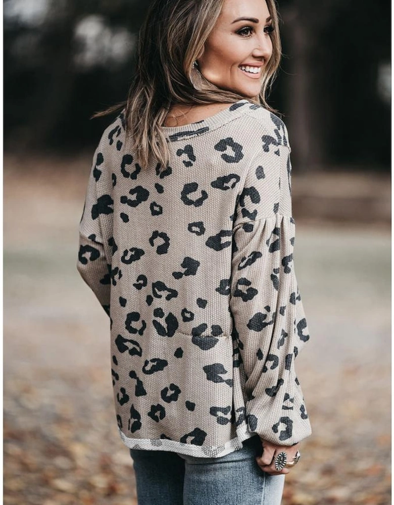 Gray Printed Leopard Balloon Sleeve Thermal Knit Plus Size Top