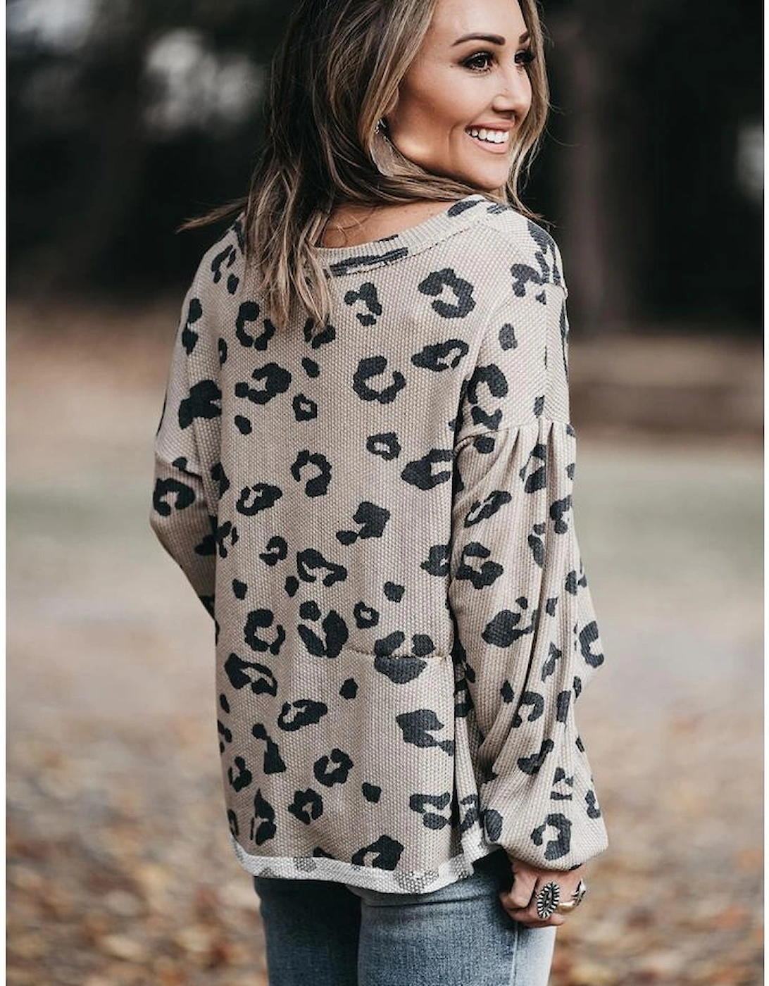 Gray Printed Leopard Balloon Sleeve Thermal Knit Plus Size Top