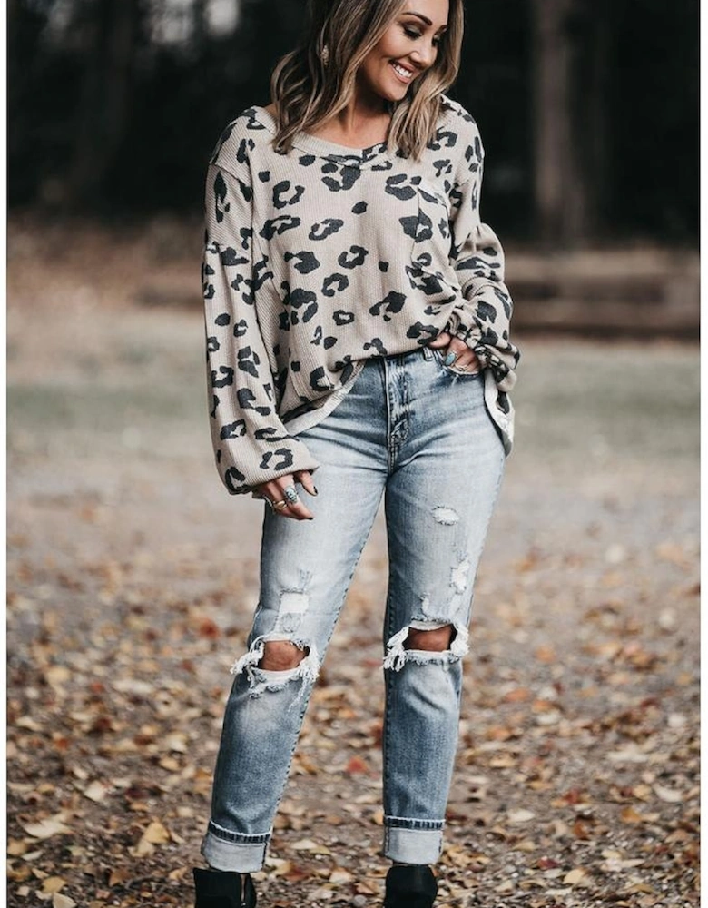 Gray Printed Leopard Balloon Sleeve Thermal Knit Plus Size Top