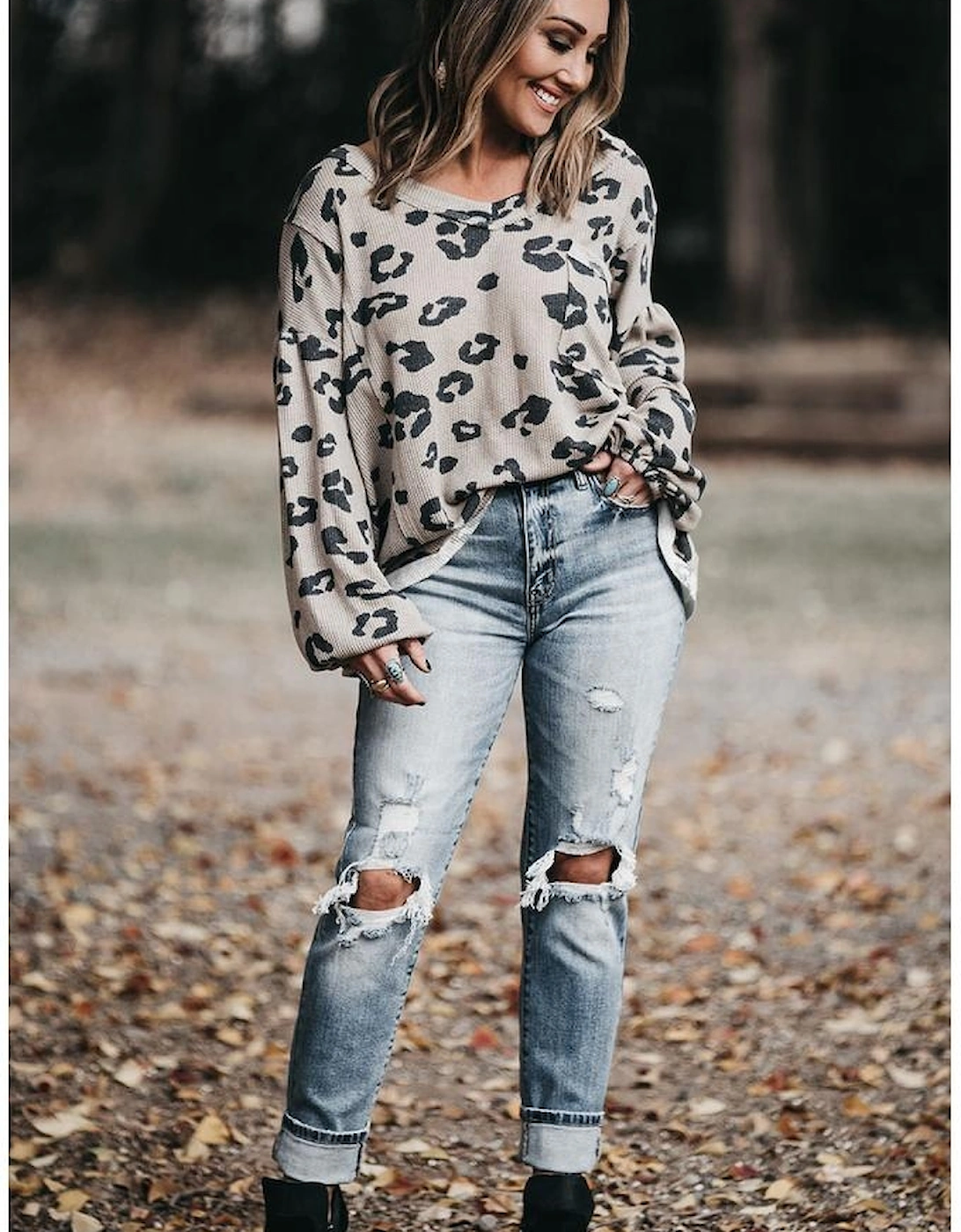 Gray Printed Leopard Balloon Sleeve Thermal Knit Plus Size Top, 7 of 6