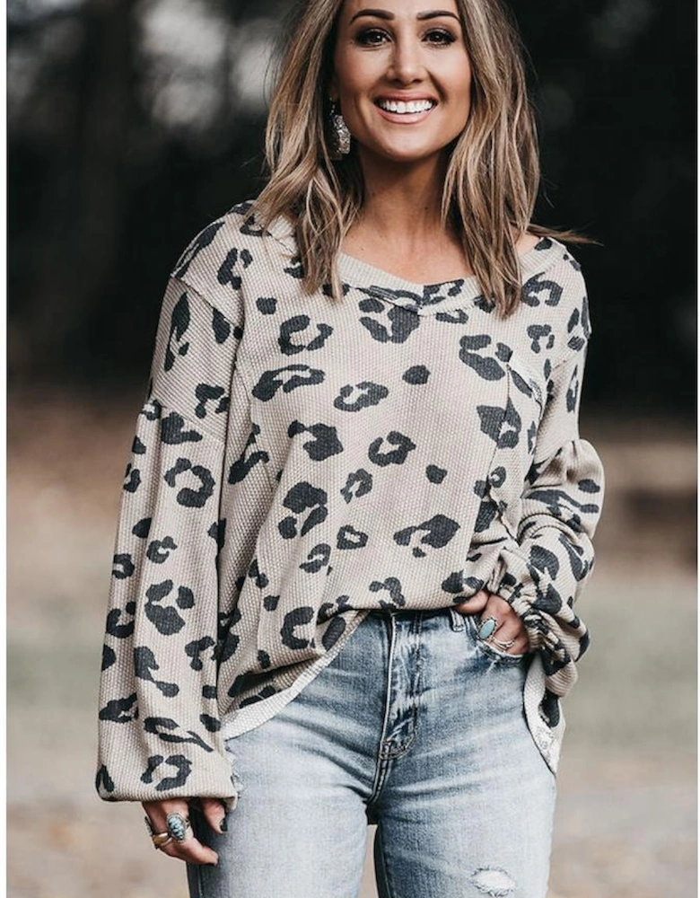 Gray Printed Leopard Balloon Sleeve Thermal Knit Plus Size Top
