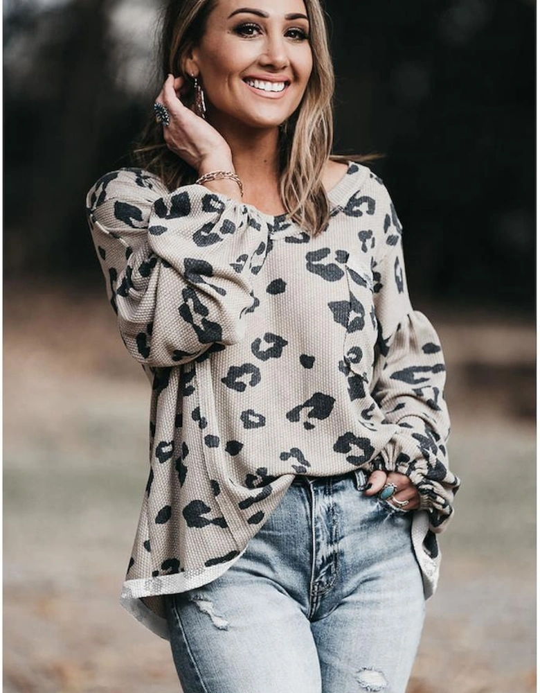 Gray Printed Leopard Balloon Sleeve Thermal Knit Plus Size Top