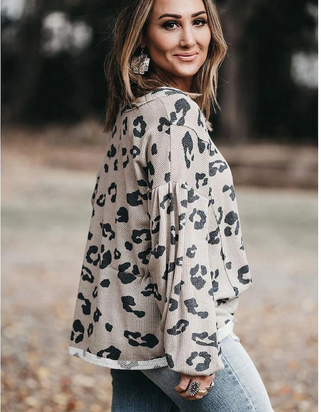 Gray Printed Leopard Balloon Sleeve Thermal Knit Plus Size Top