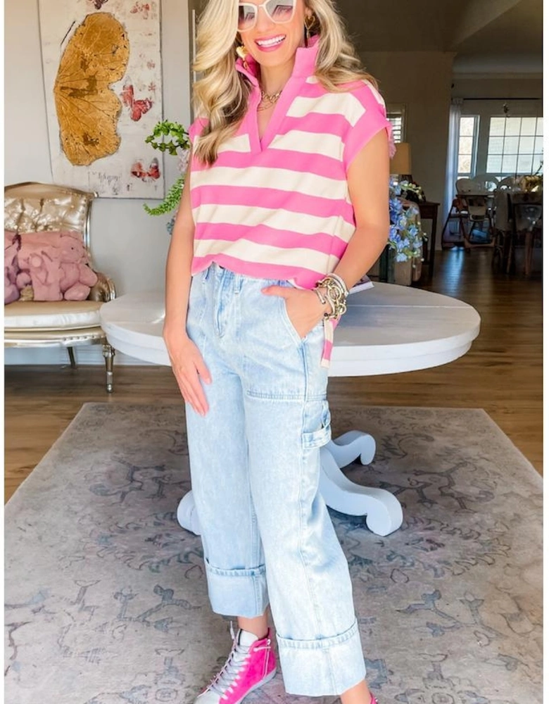 Pink Stripe V Neck Collared Cap Sleeve Top