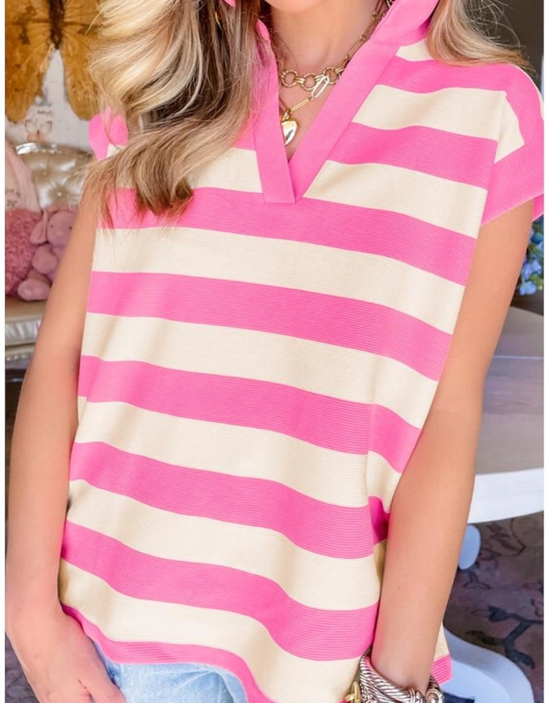 Pink Stripe V Neck Collared Cap Sleeve Top