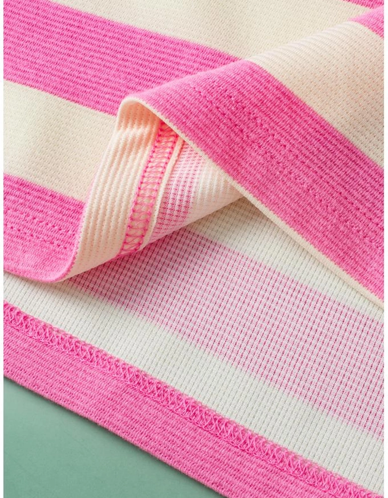 Pink Stripe V Neck Collared Cap Sleeve Top