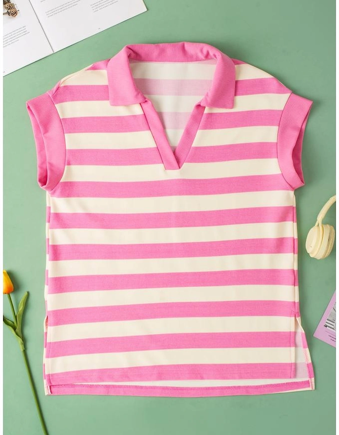Pink Stripe V Neck Collared Cap Sleeve Top