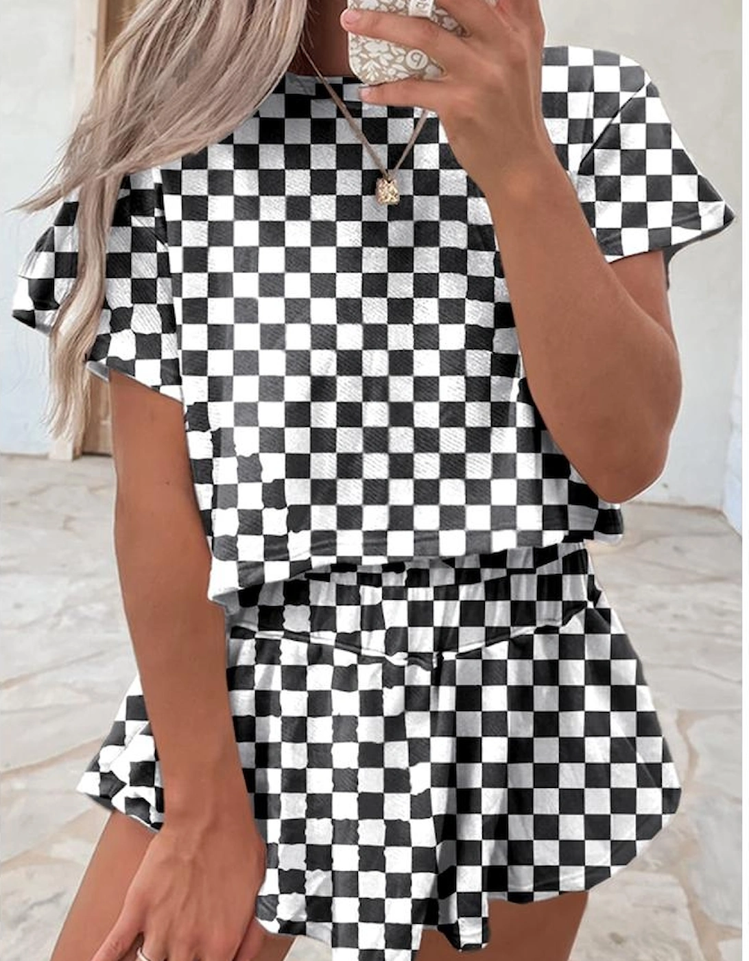 Black Checkerboard T Shirt and High Waist Skorts 2 Piece Outfit