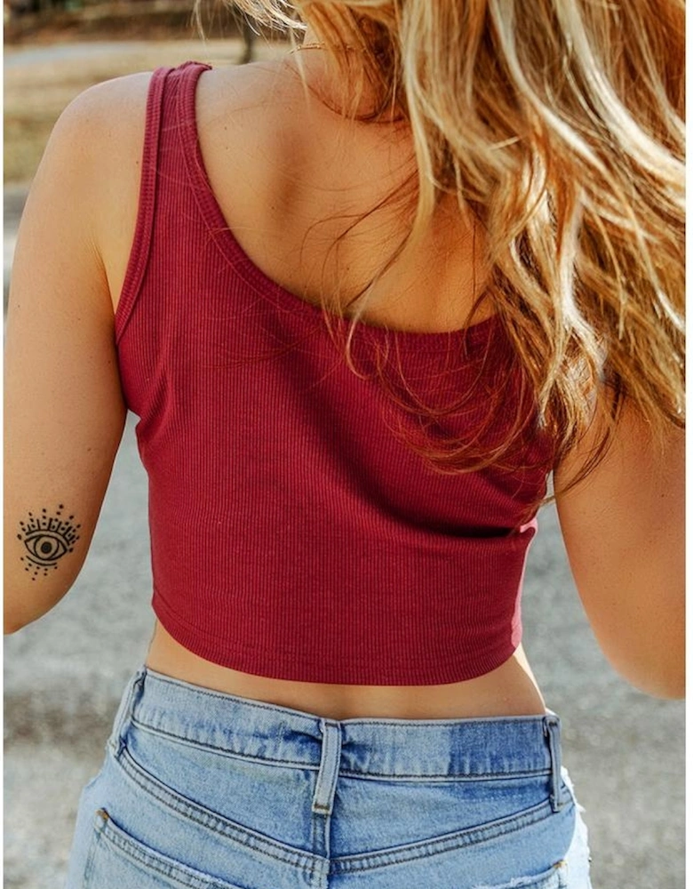 Racing Red Ribbed Knit Sheath Sleeveless Crop Top