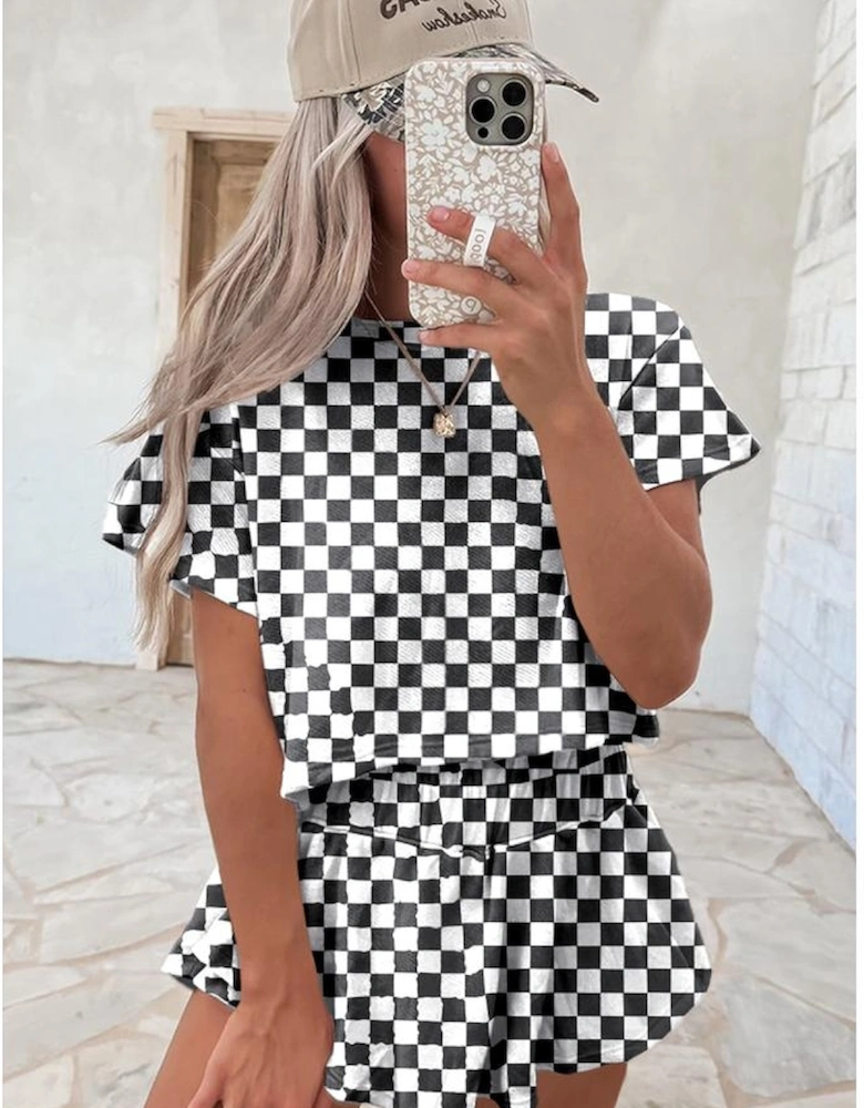 Black Checkerboard T Shirt and High Waist Skorts 2 Piece Outfit