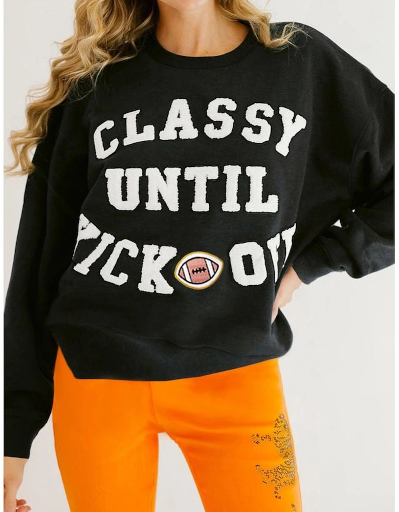 Black CLASSY UNTIL KICKOFF Plush Letter Patched Loose Sweatshirt