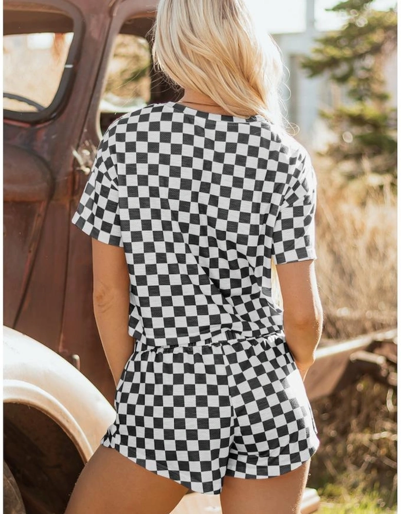 Black Checkerboard T Shirt and High Waist Skorts 2 Piece Outfit