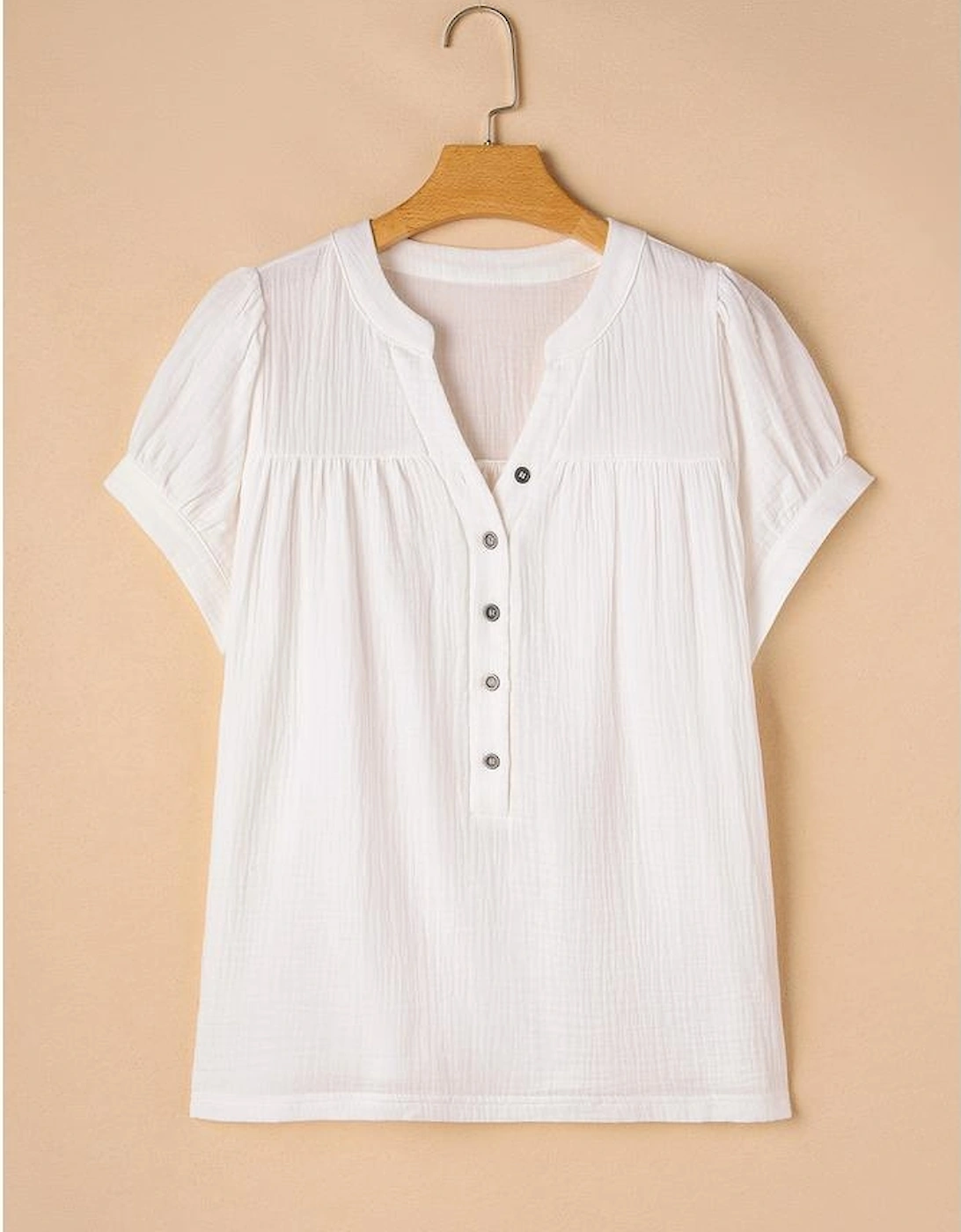 White Textured Short Sleeve Buttons Frayed Blouse