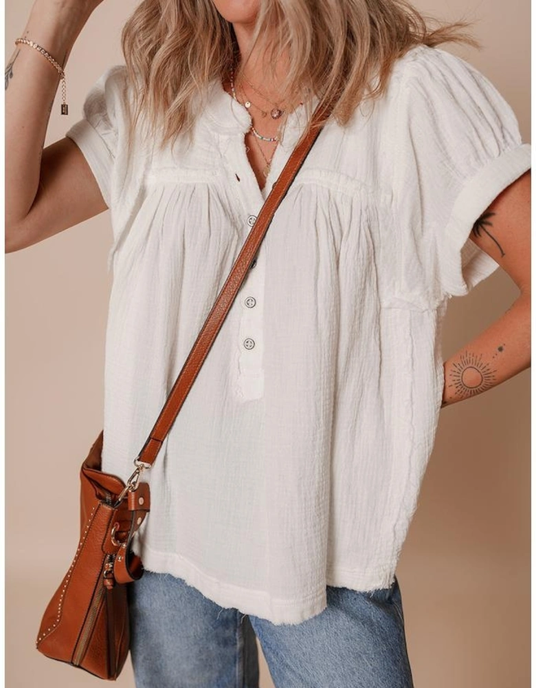 White Textured Short Sleeve Buttons Frayed Blouse