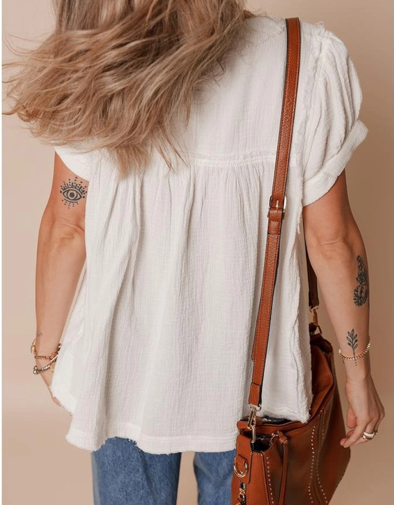 White Textured Short Sleeve Buttons Frayed Blouse