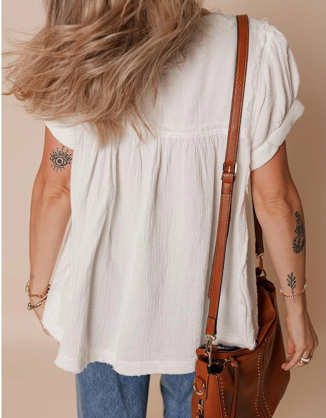 White Textured Short Sleeve Buttons Frayed Blouse, 16 of 15