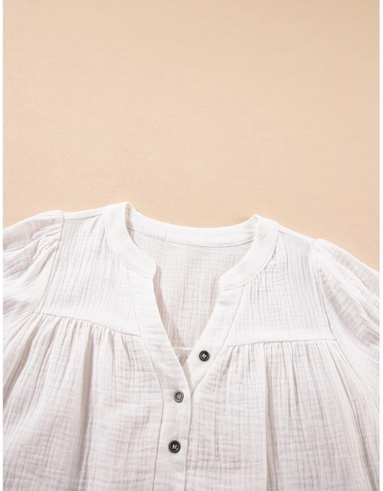 White Textured Short Sleeve Buttons Frayed Blouse
