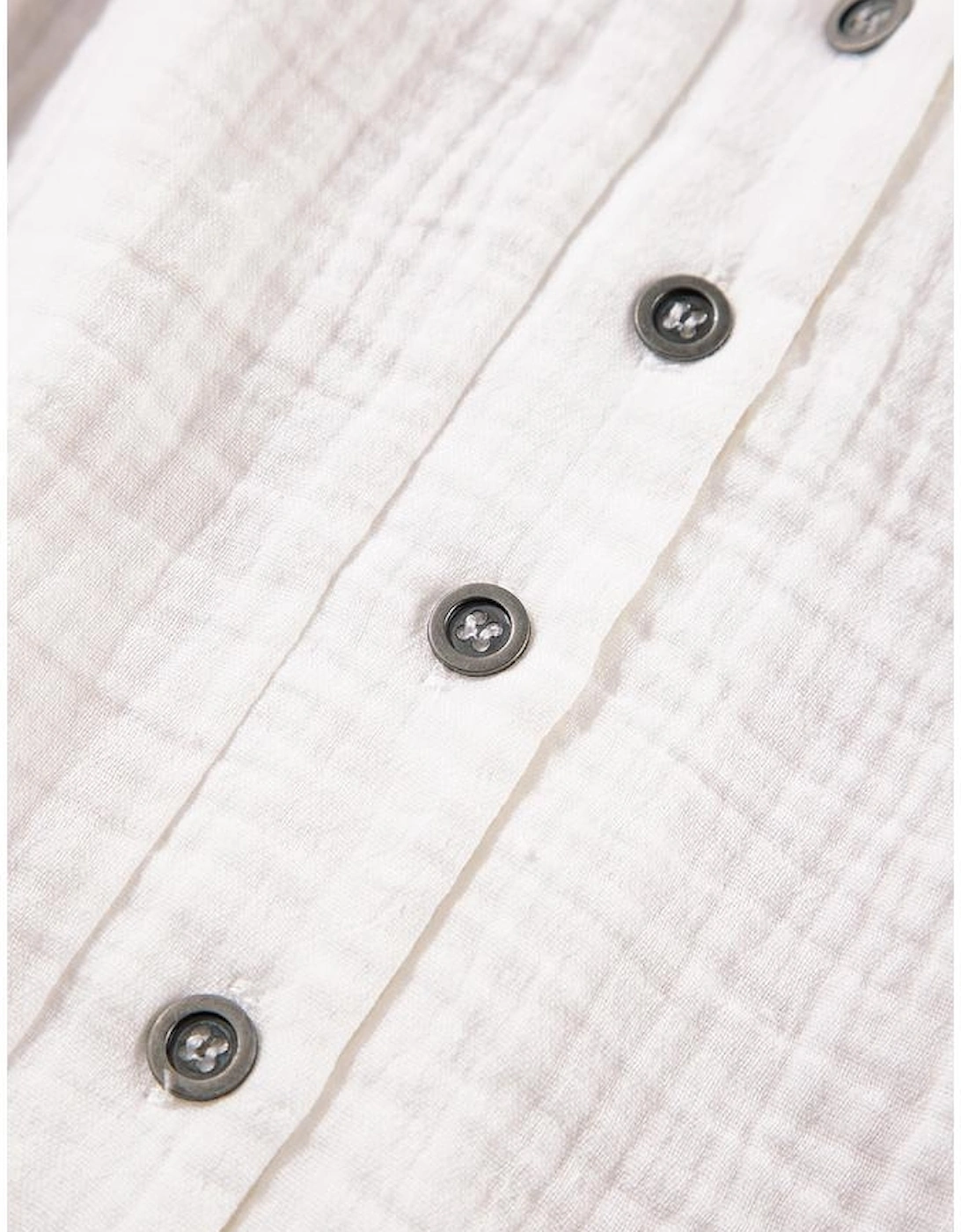White Textured Short Sleeve Buttons Frayed Blouse
