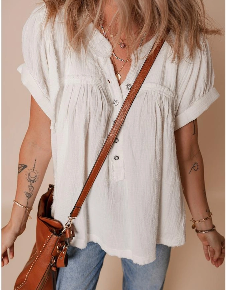 White Textured Short Sleeve Buttons Frayed Blouse