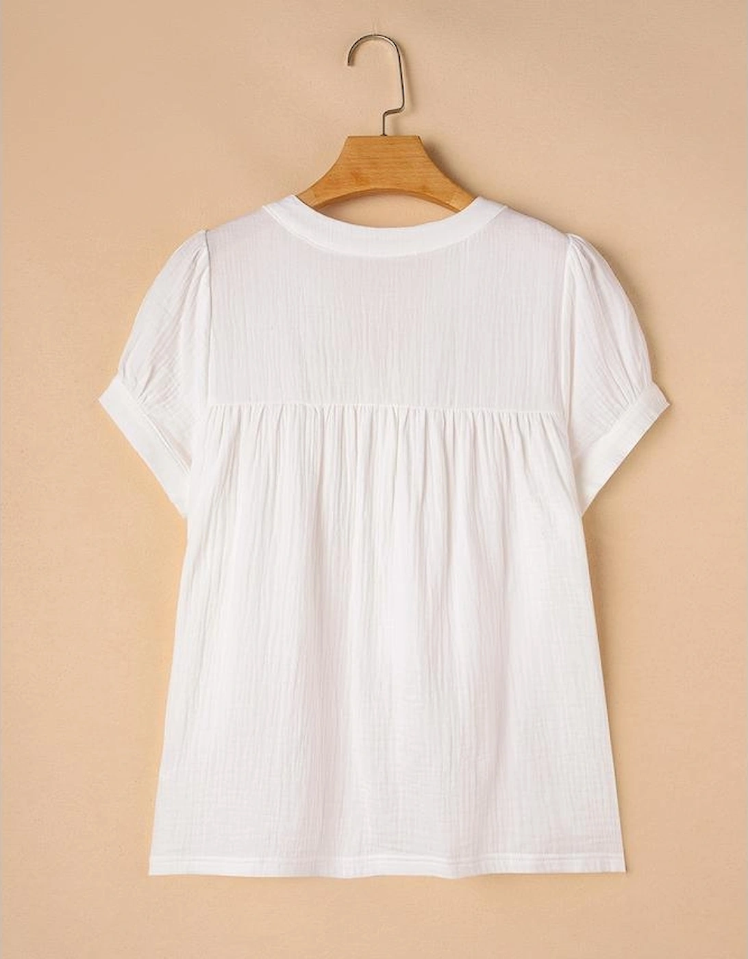 White Textured Short Sleeve Buttons Frayed Blouse