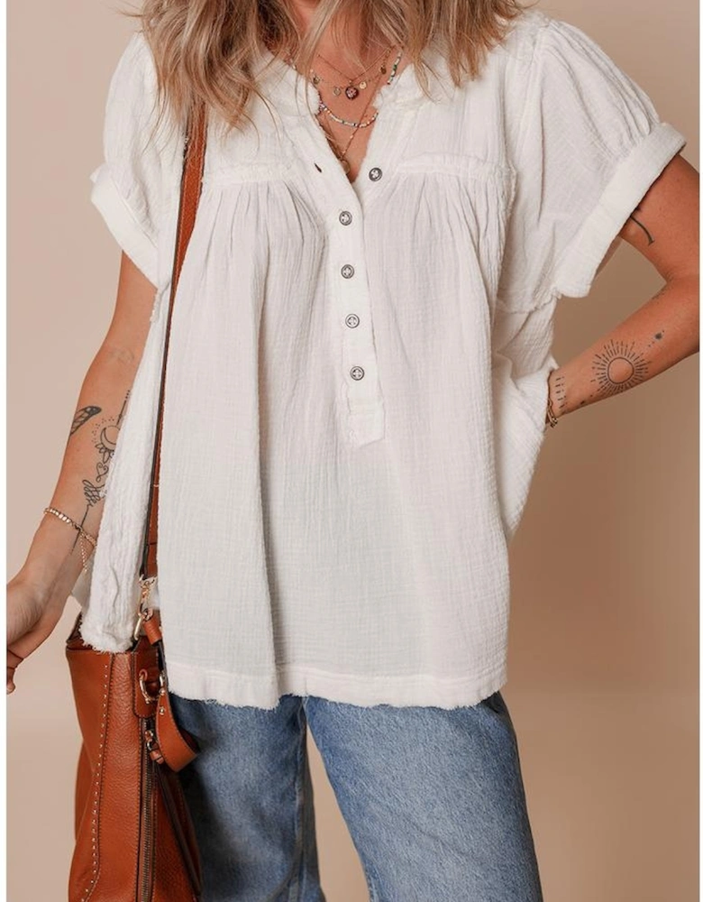 White Textured Short Sleeve Buttons Frayed Blouse