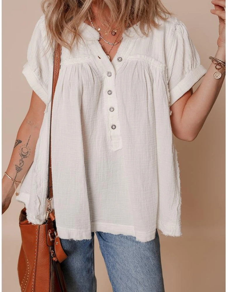 White Textured Short Sleeve Buttons Frayed Blouse