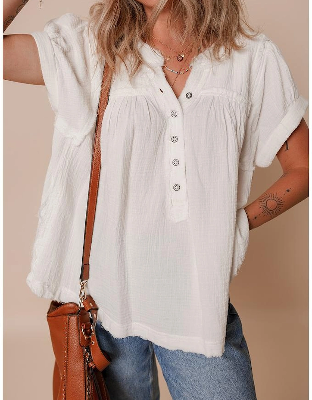 White Textured Short Sleeve Buttons Frayed Blouse